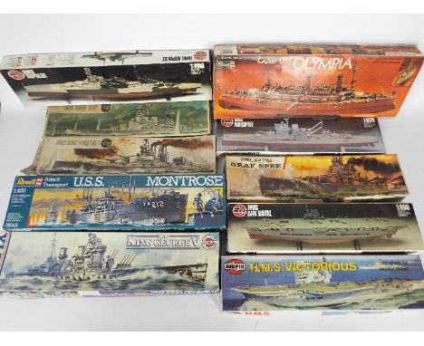 Airfix - Revell - 10 x boxed model ship kits mostly in 1:600 scale including # 04210-7 HMS Iron Duke, # 904205 HMS Warspite, 