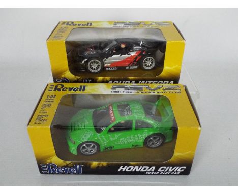 Revell - 2 x rare 1:32 scale Honda Tuner slot cars, a Civic Coupe in green # 85-4871 and an Accura Integra in black # 85-4872