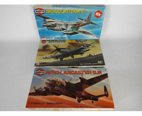 Airfix - Three boxed vintage 1:48 and 1:72 scale military aircraft plastic model kits by Airfix. Lot includes #07106 Supermar