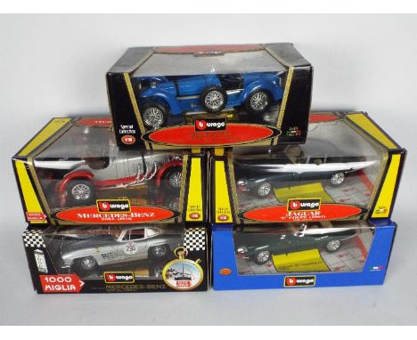 Bburago - 5 x boxed 1:18 scale cars including 2 x Jaguar E types # , a Bugatti Type 59, a Mercedes SSKL and a Mercedes 300SL 