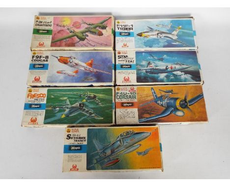 Hasegawa - 7 x boxed 1:72 scale military model kits including # B3 Lockheed Starfighter, # B23 U.S. Navy F9F-8 Cougar, # C13 