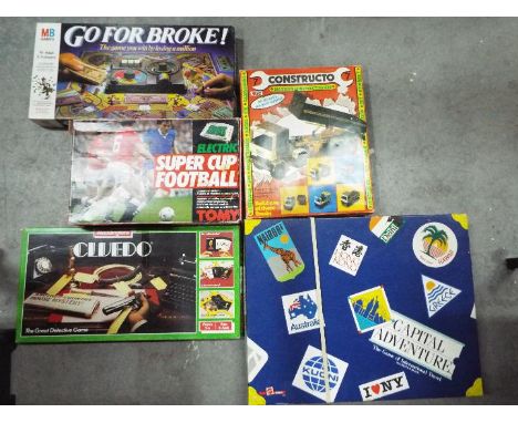 Tomy - Mattel - Waddingtons - 5 x boxed vintage games, Tomy Super Cup Football, Capital Adventure, Cluedo, Go For Broke and a