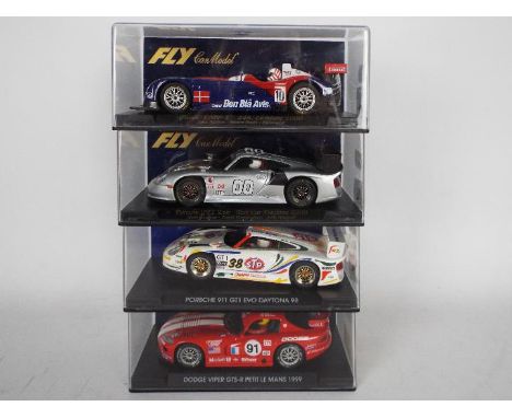 Fly - Four boxed 1:32 scale slot cars. Lot consists of A83 Viper GTS-R Oreca Rojo Petit Le Mans 1999; A53 Porsche GT1 EVO STP