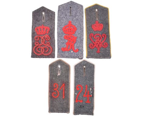 5x Enlisted Mans Shoulder Boards, two numbered, three ciphered. Regiment No.24 chain stitched numbers white piped some light 