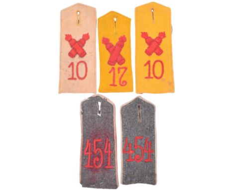 5x Enlisted Mans Shoulder Boards, three for Artillery two Infantry. M.15/16 white piped Regiment No.454 chain stitched, anoth