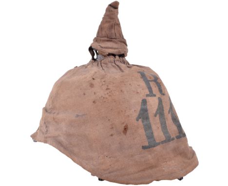 Baden Reserve Regiment 111 Enlisted Mans Pickelhaube with Field Cover, a good all leather pickelhaube, non-size marked, good 