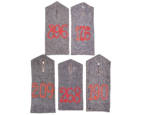 5x Enlisted Mans Field Grey Tunic Shoulder Boards, all being M.15/16 style with numbered centres, 176, 209, 896, 190, 268. Va