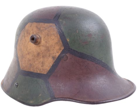 Outstanding M.17 Camouflage Trench Helmet, ET64 size shell, camouflaged to the exterior in the green, maroon, ochre and brown