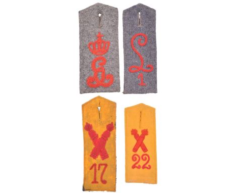 4x Enlisted Mans Shoulder Boards, M.15/16 Foot Artillery No.22 chain stitched numbers, applied crossed grenades on yellow bac