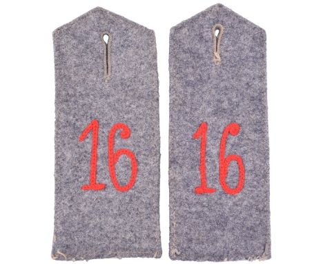 Regiment 16 Shoulder Boards, an M.15 simplified pair of stitch on shoulder boards for Regiment 16 in plain field grey without