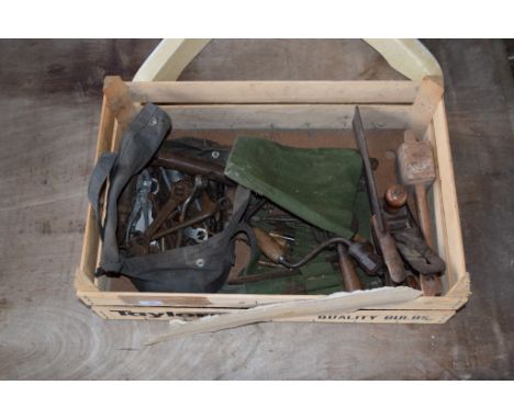 BOX CONTAINING QUANTITY OF VARIOUS CARPENTERS TOOLS, SPANNERS ETC