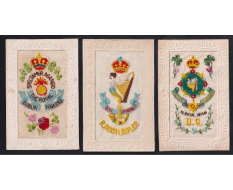 Postcards, Silks, 3 Irish embroidered regimental silks. Royal Dublin Fusiliers, Royal Irish Rifles (harp to centre), IV Royal