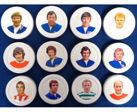 Trade issue, Cadbury's Schweppes, Footballers, 12 tin lids, each with footballer portrait inc. Bobby Moore, George Best, Bobb