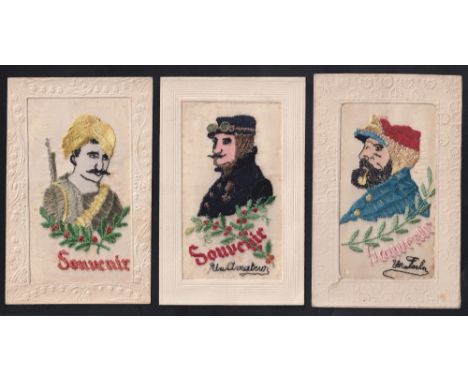 Postcards, Silks, 3 scarce military embroidered silk cards of Eastern European soldier (possible) with rifle and impressive m