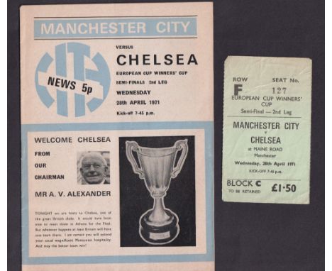 Football programme &amp; ticket, Manchester City v Chelsea, ECWC semi-final 28 April 1971, programme &amp; match ticket (gd)