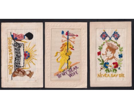 Postcards, Silks, 3 patriotic designs of military embroidered silks. 'God Save the King' showing 2 soldiers either side of mu