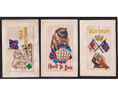 Postcards, Silks, a bulldog selection of 3 embroidered silk cards. 'Rule Britannia' showing bulldog admiring poppies, with Un