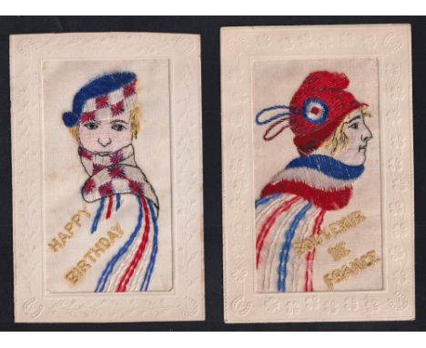 Postcards, Silks, 2 glamorous patriotic embroidered silk portrait cards with pretty girls wearing the colours of the allies. 