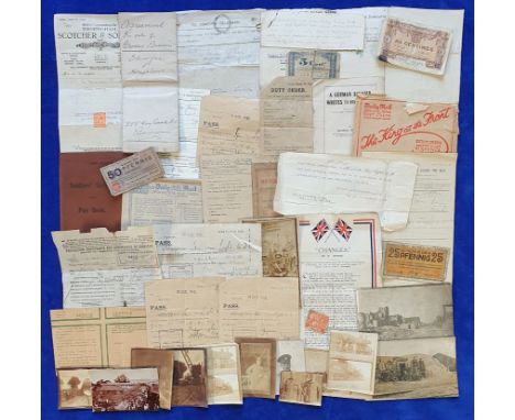 Militaria, WWI and 1920s ephemera, approx. 38 items belonging to Sapper H. White, to include snaps of troops with a train cra