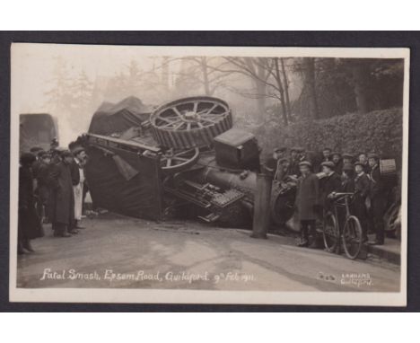 Postcard, Surrey, Traction Engine Crash, Epsom Road Guildford 9th February 1911, RP, by Lanham’s, great image (vg/ex)