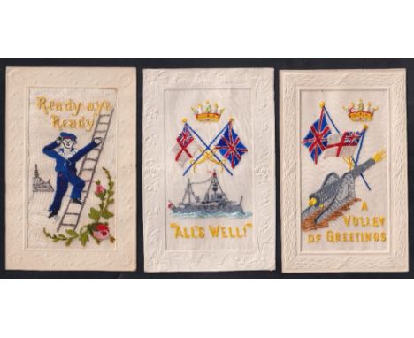 Postcards, Silks, Naval, 3 embroidered silk cards. Cannon gun firing 'A Volley of Greetings' with crossed flags above, also v