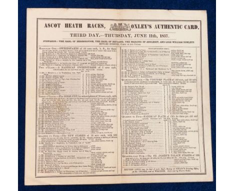 Horseracing, Royal Ascot, original Oxley's Ascot Racecard for Thursday 11th June, 1857 including The Gold Cup (light vertical