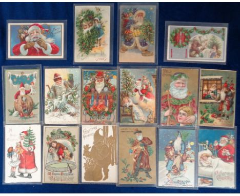 Postcards, Father Christmas, 28 cards of Santa Claus to comprise 2 Hold To Light, red, brown, green, blue and gold robes, toy