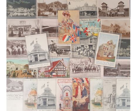 Postcards, Various Exhibitions, approx. 140 cards to include elephants on the water chute at The Franco-British Exhibition, h