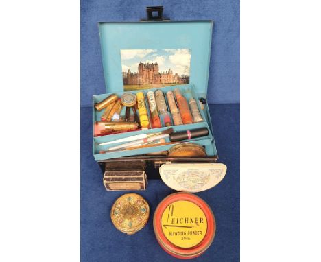 Collectables, vintage actor's tin makeup box containing pan sticks, brushes, Max Factor lipstick, powder pots, cake mascara, 