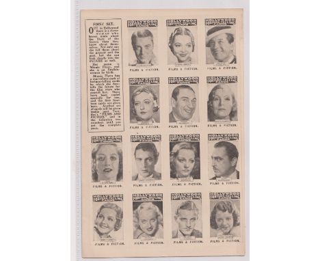 Trade cards, Films &amp; Fiction, Hollywood Fortune Telling Cards, set of 52 cards on four uncut sheets as issued, Film Stars