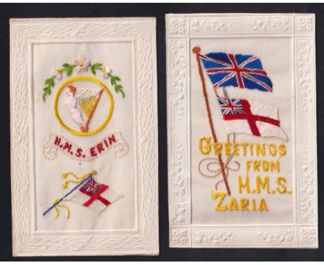 Postcards, Silks, 2 Royal Navy embroidered silks ships names, 'Greetings from HMS Zaria' with patriotic flags, and HMS Erin w