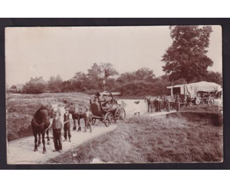 Postcard, Bedfordshire, Agriculture, Traction Engine towed by two horses, with threshing machine behind pulled by two horses,