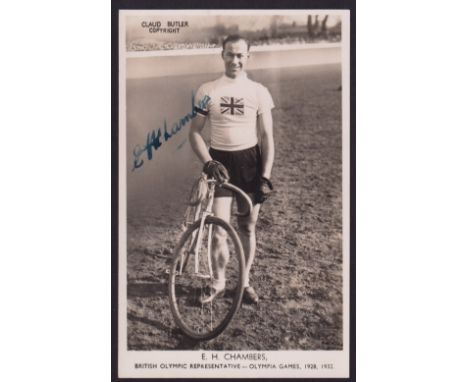 Cycling postcard, scarce, signed, RP of E.H. Chambers British Olympic Team, 1928 &amp; 1932, Silver medal at both in 2000m Ta