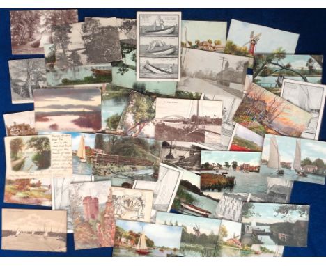 Postcards, Norfolk 40+ cards to include an RP street scene of Hickling (staining to reverse), artist drawn, railway official,