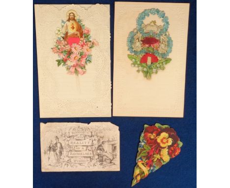 Ephemera, 3 Victorian mechanical cards to comprise 2 elaborate 19thC drop down, chromolithographed, die-cut greetings cards a
