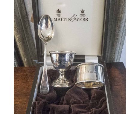 SILVER CHRISTENING SET, from Mappin &amp; Webb, hall marked and boxed, comprising of egg cup, napkin ring and spoon.