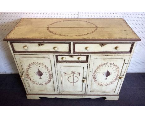 SIDE CABINET, late 19th Century oak and later painted in the neoclassical manner, having two long drawers over one short abov