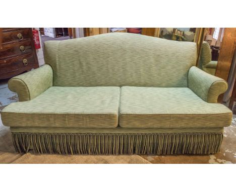 SOFA, green upholstery with humped backs and bullion fringe, 190cm x 92cm H. 