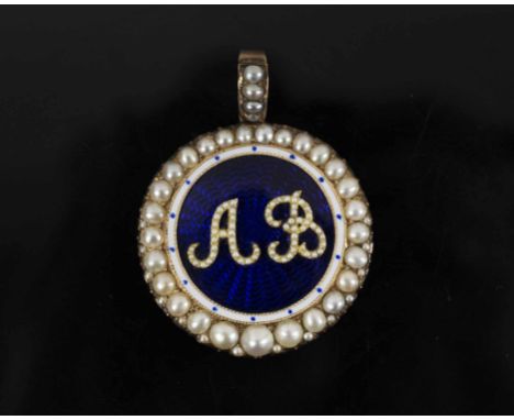 FINE GEORGIAN NATURAL PEARL AND ENAMEL LOCKET PENDANT, circa 1790 of circular shape with deep blue guilloche enamel centre wi