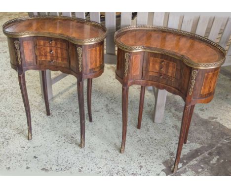 LAMP TABLES, a pair, Transitional style parquetry and brass mounted of kidney outline, each with three drawers, 71cm H x 56cm