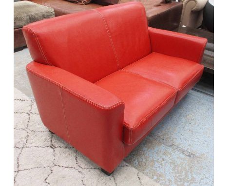 CASANOVA SOFA, Art Deco style, two seater, with red leather upholstery, 145cm L x 79cm H. (with faults)