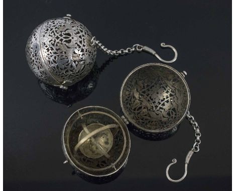 UNUSUAL CHINESE OR INDIAN ANTIQUE SILVER INCENSE BALLS, finely pierced with enamel containers to centre.