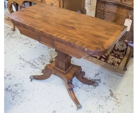 CARD TABLE, Regency mahogany with green baize playing surface on a shaped column with quadraform supports, on castors, 72cm H