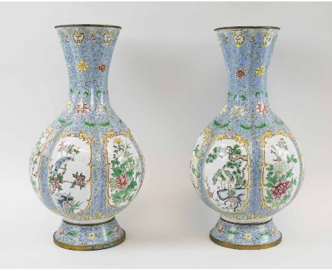 FLUTED VASES, a pair, Canton enamel circa 1920, 36cm H. (2) (with faults)
