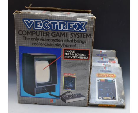 Vectrex computer game system by MB in original box with four games. Cosmic Chasm, Web Warp, Clean Sweep and Berzerk.&nbsp;