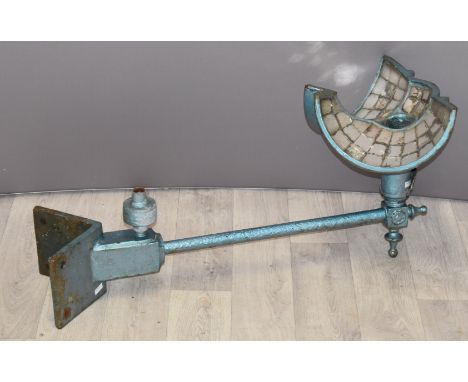 ESLA vintage c1930s cast 110 degree street light with mirrored reflector, finials and bracket for fitting to the corner of a 