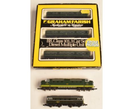 Three Graham Farish N gauge model railway locomotives and locomotive sets comprising Class 101 DMBS DMU 8143 in original box 