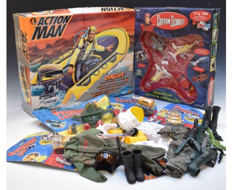 A collection of Action Man, Thunderbirds and Captain Scarlet vehicles and outfits, including Action Man Space Mission, Fighte