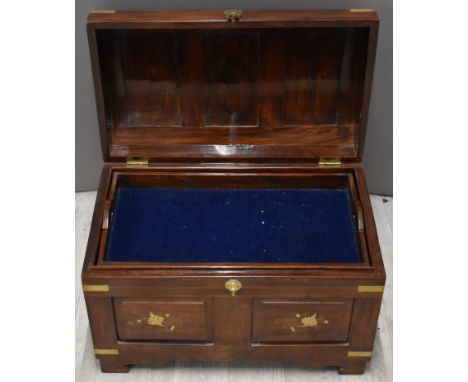Eastern hardwood brass-bound and inlaid trunk with lift out tray, W60 x D36 x H43cm