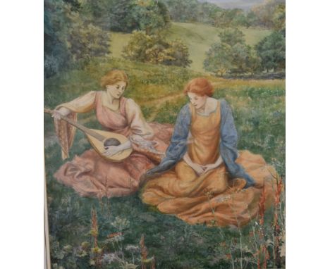 Walford Graham Robertson (1867-1948) watercolour of two young maidens in the Pre-Raphaelite style sitting together in a meado